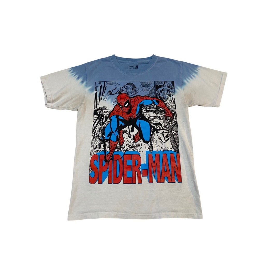Marvel Spider-Man Graphic T-Shirt Kids Small Blue White Tie Dye Comic Print